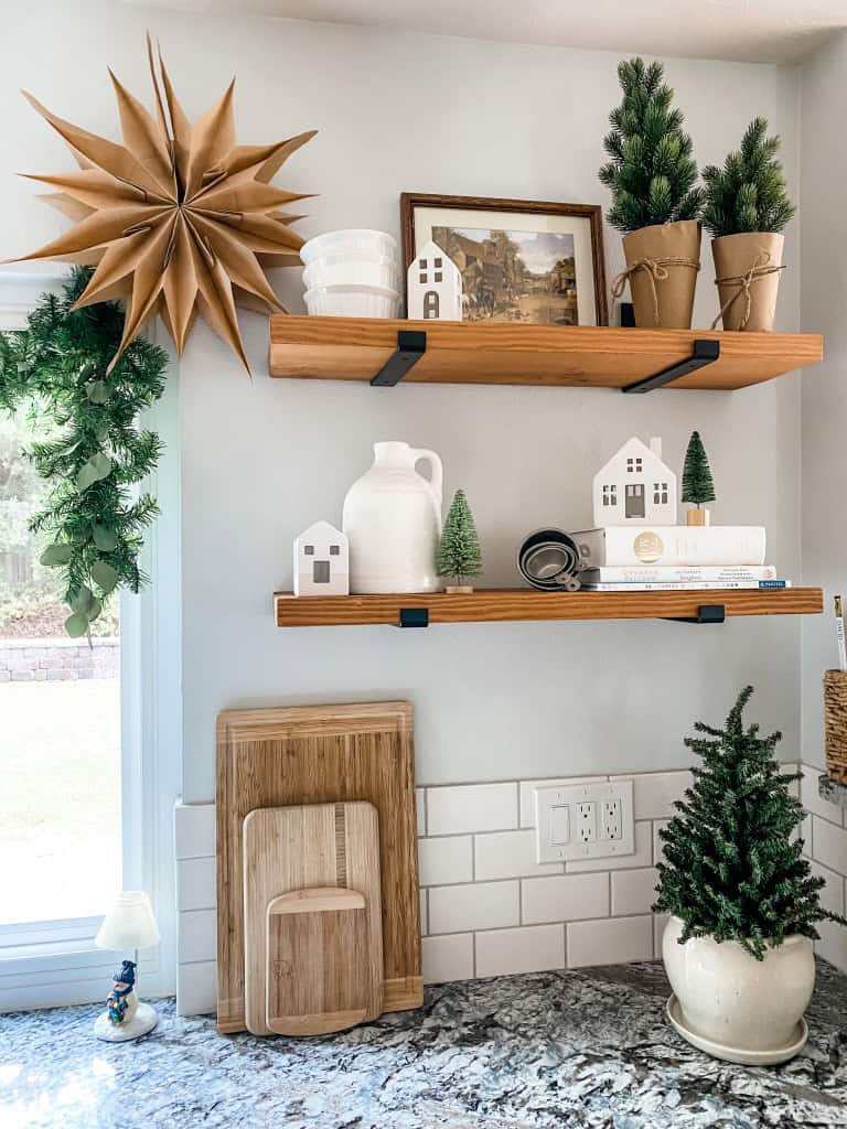 Christmas decor on kitchen shelves