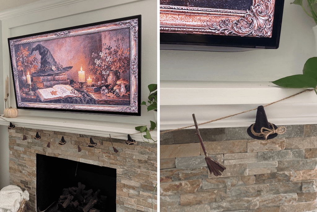 Witch hat and broom garland made from egg cartons hanging on mantel.