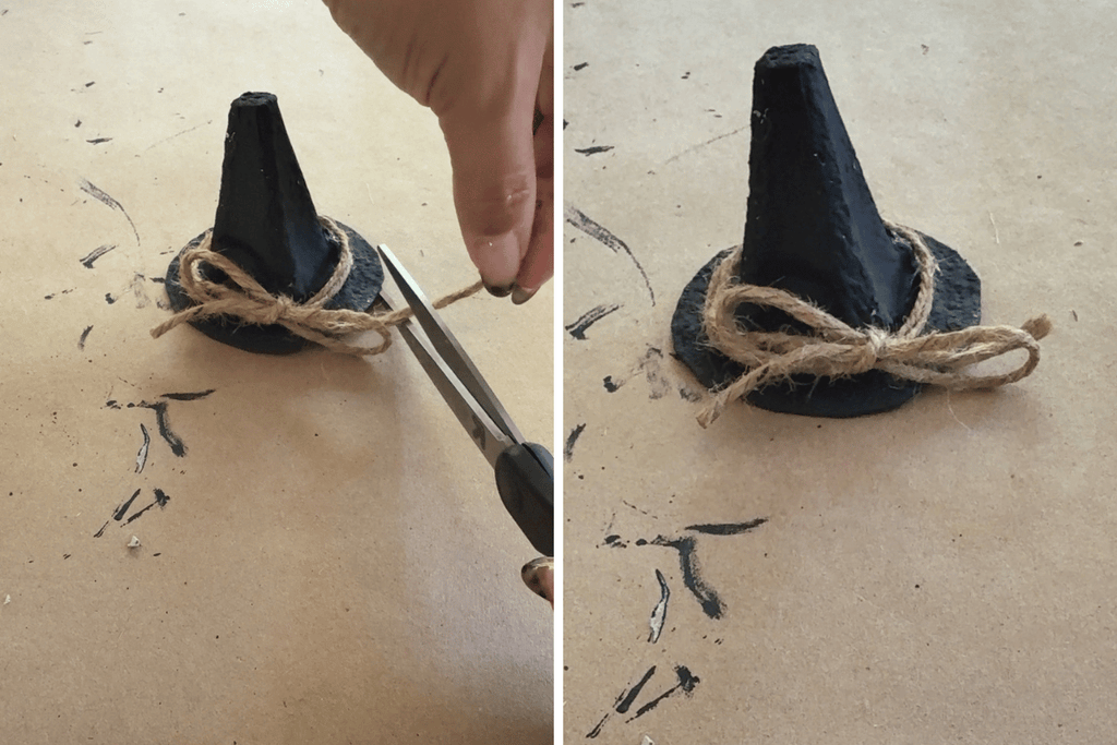 Tie a piece of twine around the witch hat and trim the ends.